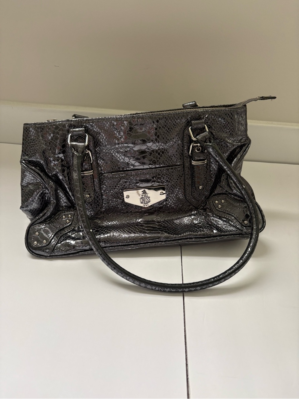 Mark Cross 1845 Gunmetal Grey metallic genuine leather snake print bag